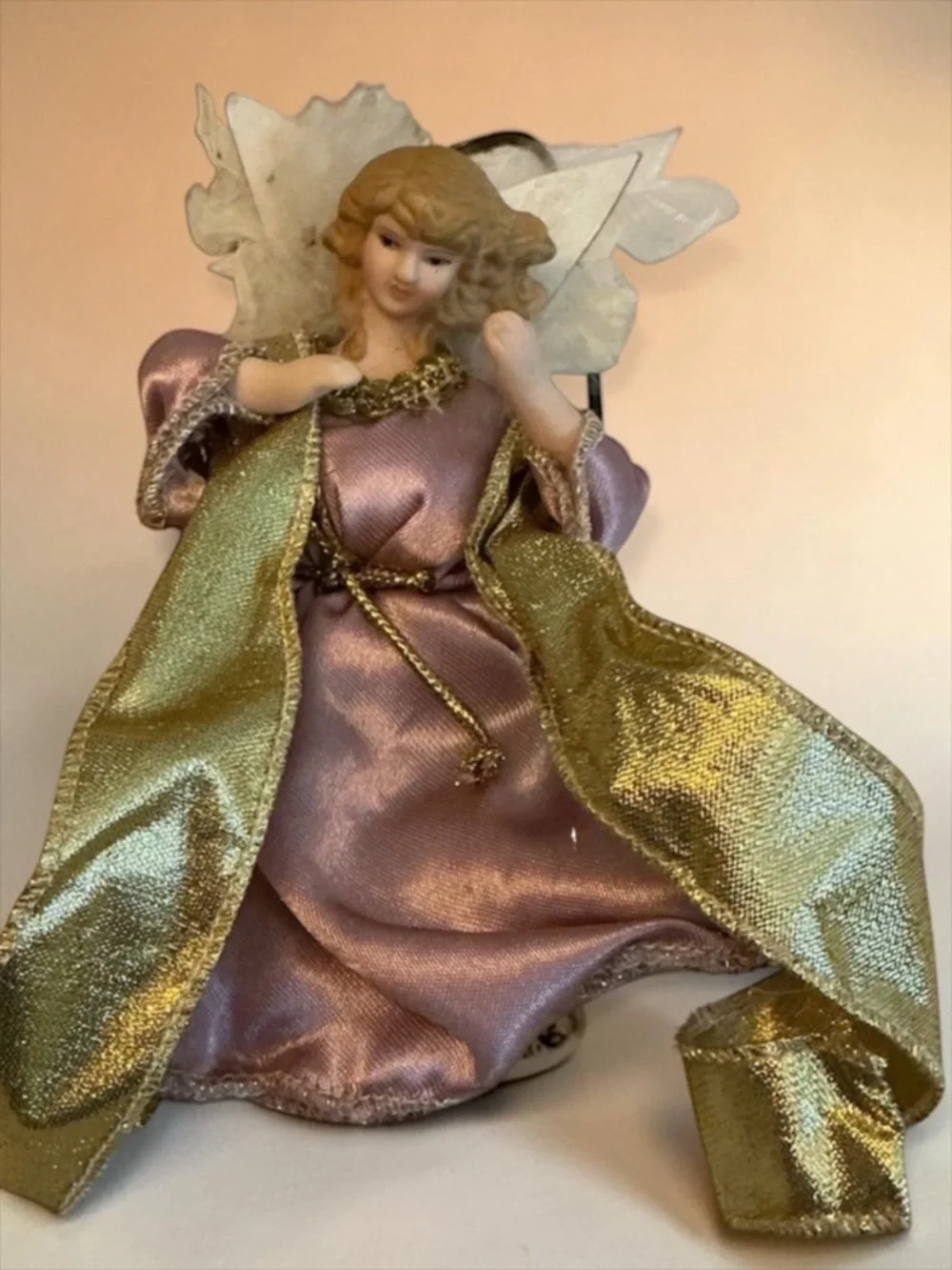 Vintage Porcelain & Fabric Angel Christmas Ornament Holiday Décor 4.5”